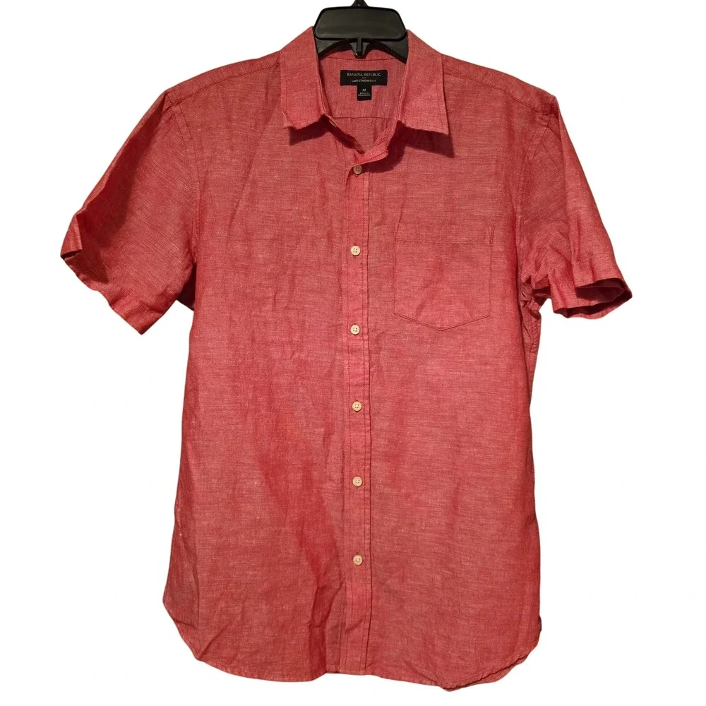 Banana Republic Red Linen Blend Short Sleeve Button Down Shirt Standard‎ Fit M